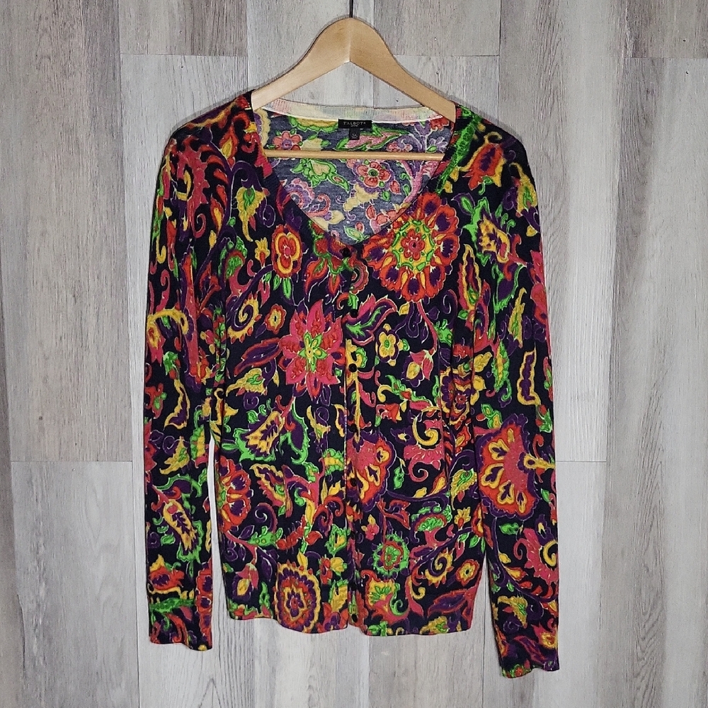 Talbots Womens Large Petite Floral Cardigan Button‎ Front Colorful Eclectic